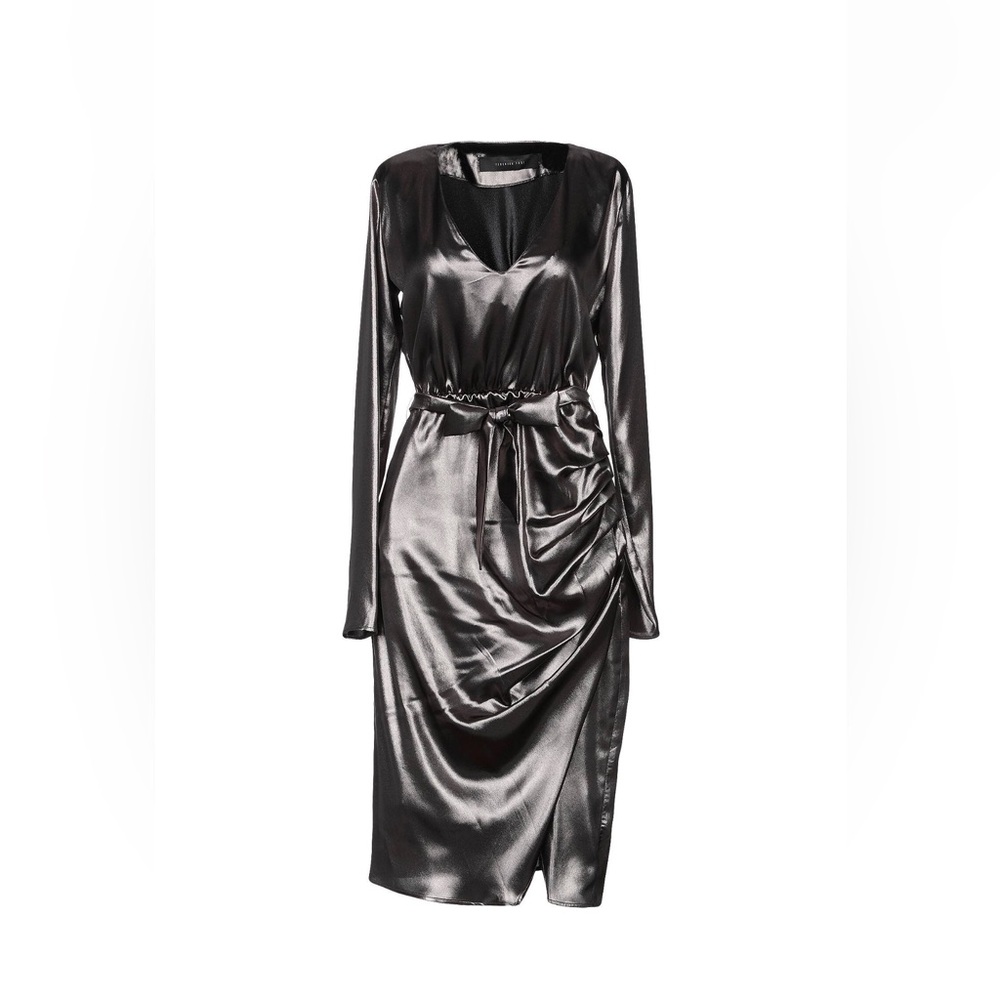 Metallic Gunmetal Draped MIDI Dress | Long Sleeve Wrap Party Cocktail Dress
